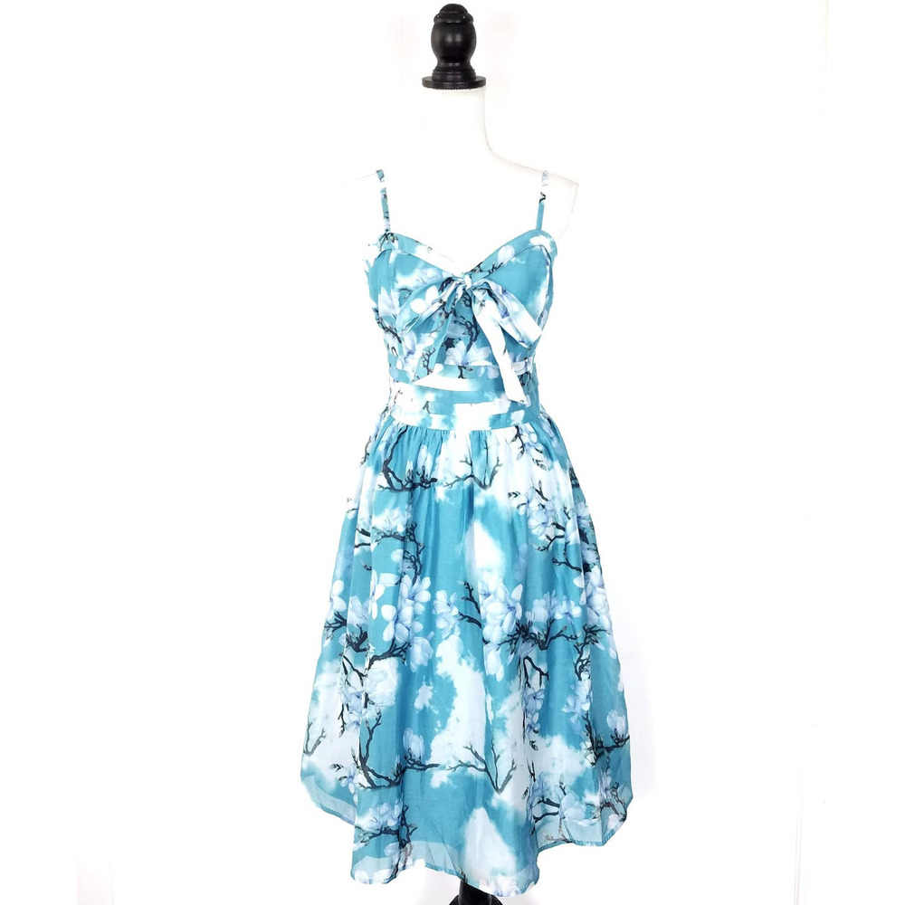 NEW NWT Voodoo Vixen Blue Cherry Blossom Floral Fit & Flare Dress Size XL